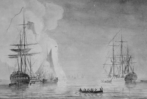 HMS Rose and HMS Phoenix engaged by the fireship Aug 6,1776