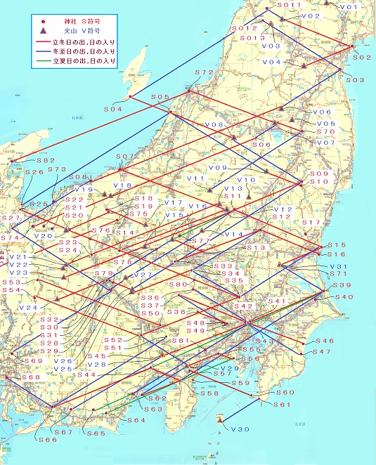 地図：神社と火山プロット＆符号＿カラーライン付
